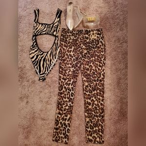 Animal Print Cutout Bodysuit Beige/Black